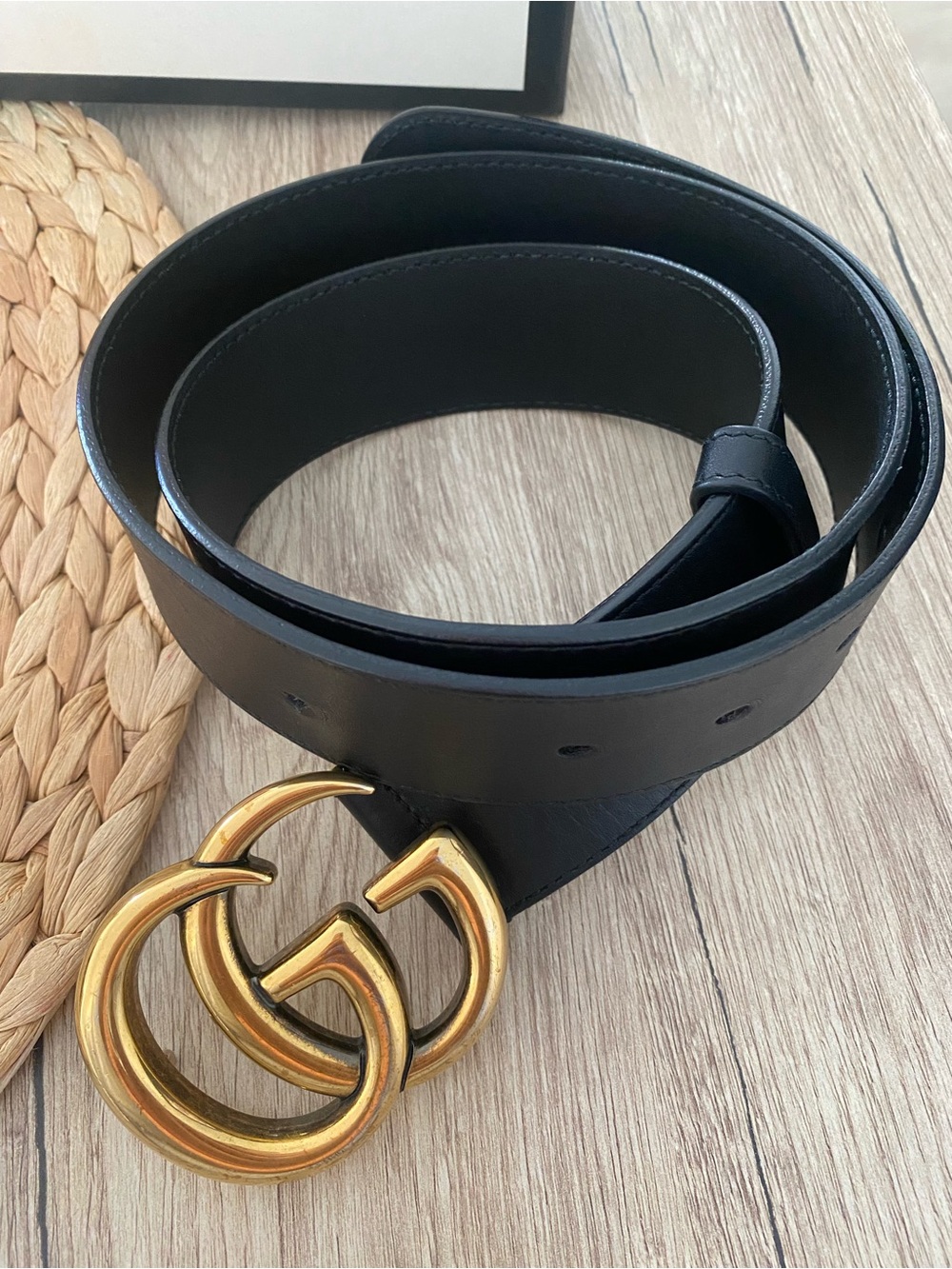 Gucci Black Leather Belt with Gold Double G Buckle